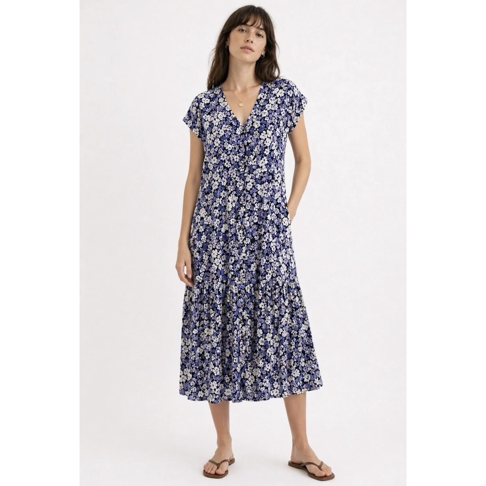 Madewell Button-Front Ruffle Hem Midi Dress Purple Ditsy Flower Garden Spring L